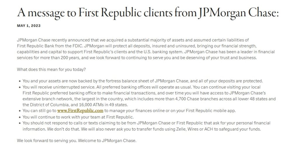 JPMorgan Chase message to First Republic Bank clients
